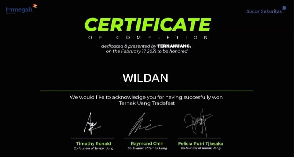Ternak Uang Tradefest Completion Certificate